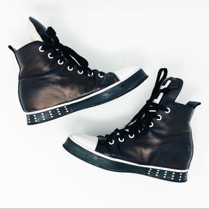 Zoteno Line Leather Platform High Top Sneakers Black White Studded Punk 7